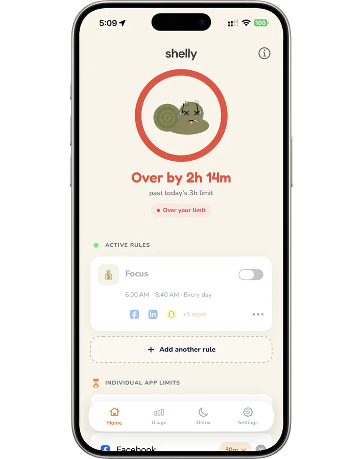 Shelly home screen showing the daily limit exceeded